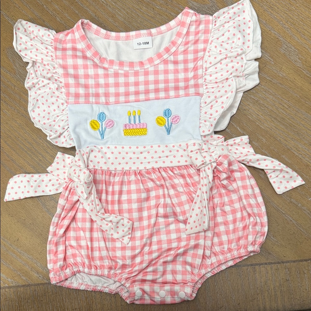Pink Gingham Baby Romper with Embroidered Cake Design